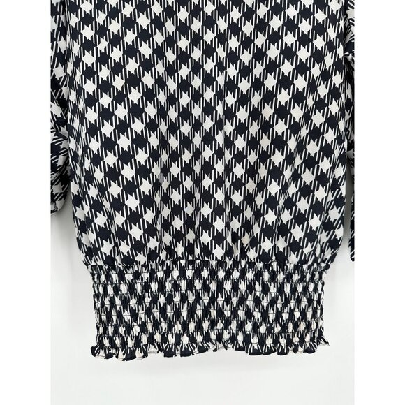 Michael Kors Blouse Women XS Black White Printed Smocked Waist adjustable Sleeve - Picture 3 of 8